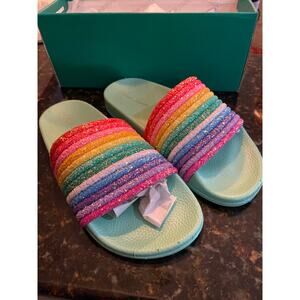 Brand New Lauren Lorraine Women's Size 7 Green Rainbow Sandals Slides Beach